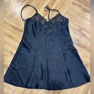 Victoria's Secret Black Satin Lace-Trim Chemise